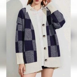 J. Ing Mollie Blue Checkered Sweater Cardigan Wool Mohair Size S/M‎